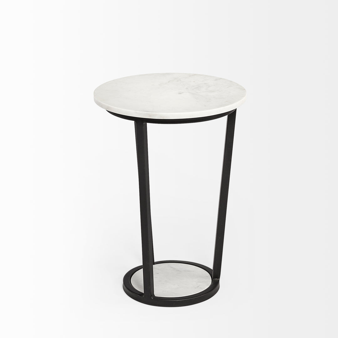 Bombola I (Small) 15L x 15W White Round Marble Top W/Black Metal Frame Accent Table Decor Mercana