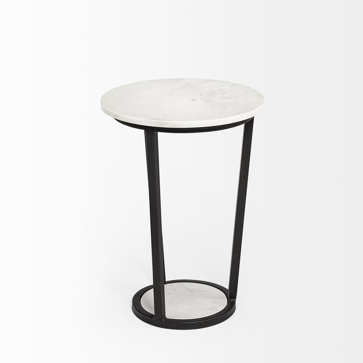 Bombola I (Small) 15L x 15W White Round Marble Top W/Black Metal Frame Accent Table Decor Mercana