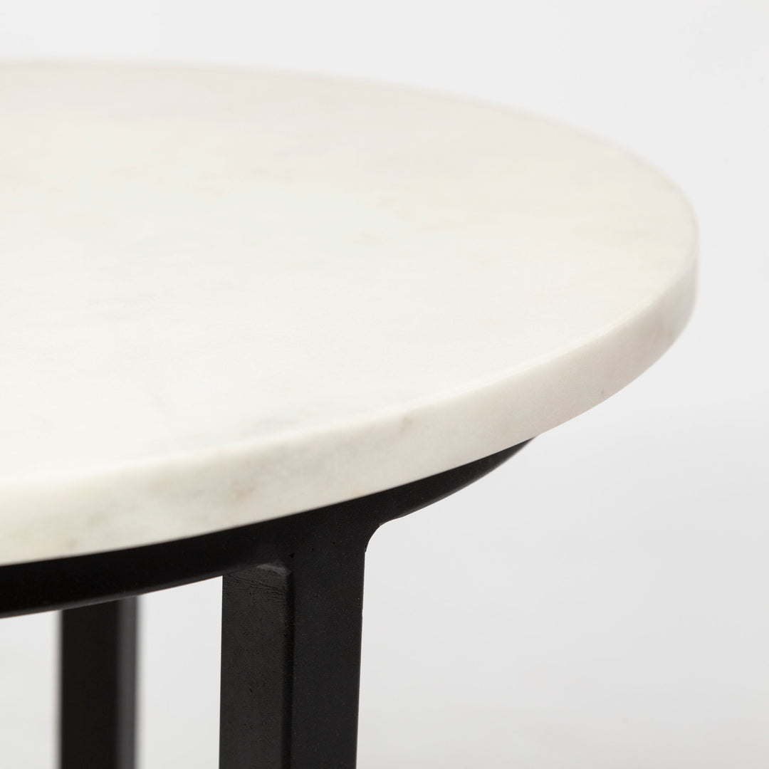 Bombola I (Small) 15L x 15W White Round Marble Top W/Black Metal Frame Accent Table Decor Mercana