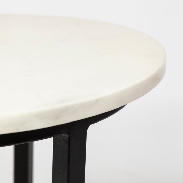 Bombola I (Small) 15L x 15W White Round Marble Top W/Black Metal Frame Accent Table Decor Mercana
