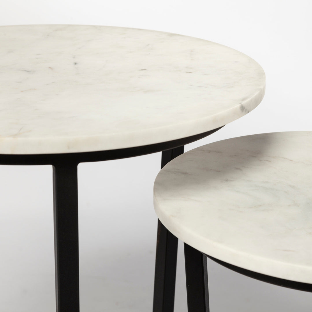 Bombola I (Small) 15L x 15W White Round Marble Top W/Black Metal Frame Accent Table Decor Mercana