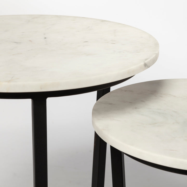 Bombola I (Small) 15L x 15W White Round Marble Top W/Black Metal Frame Accent Table Decor Mercana