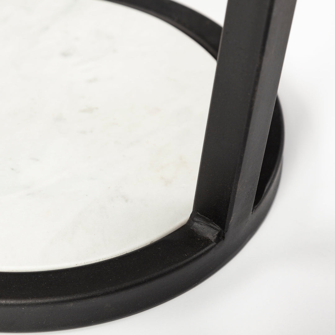 Bombola I (Small) 15L x 15W White Round Marble Top W/Black Metal Frame Accent Table Decor Mercana