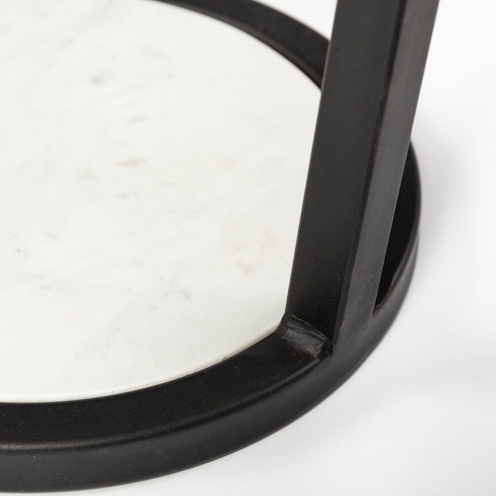 Bombola I (Small) 15L x 15W White Round Marble Top W/Black Metal Frame Accent Table Decor Mercana