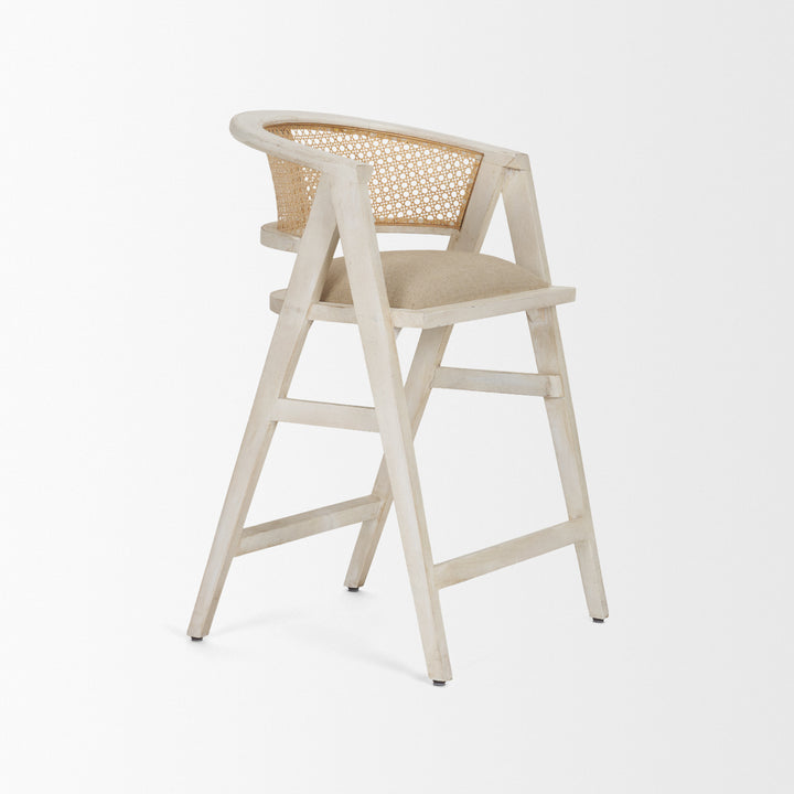 Tabitha 26.75" Seat Height Beige Fabric/Rattan Seat Blonde Wood Frame Counter Stool Dining Room Mercana