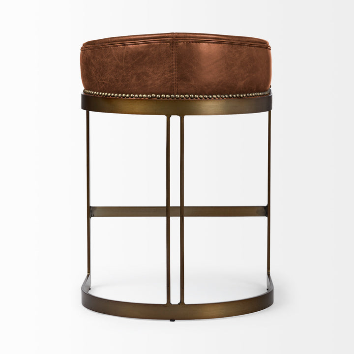 Hollyfield II Brown Leather Seat Gold Metal Base Stool Dining Room Mercana