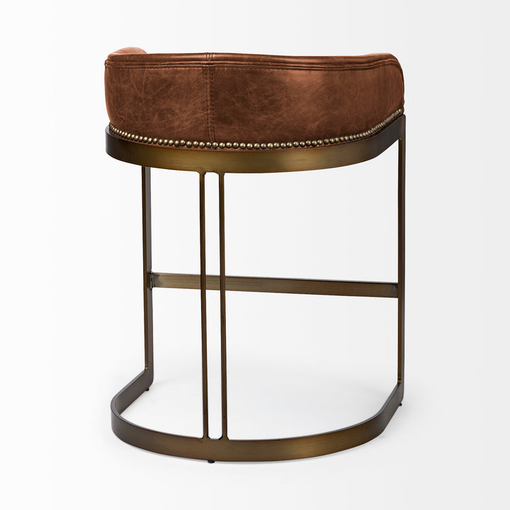 Hollyfield II Brown Leather Seat Gold Metal Base Stool Dining Room Mercana