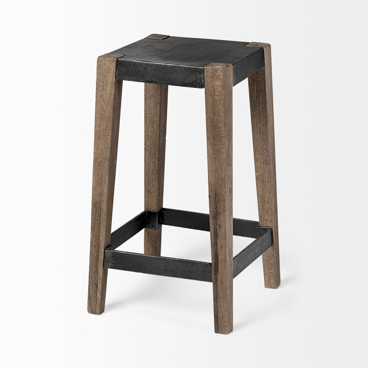 Nell 26" Seat Height Black Metal Seat & Foot Rest With Brown Wood Legs Stool Dining Room Mercana