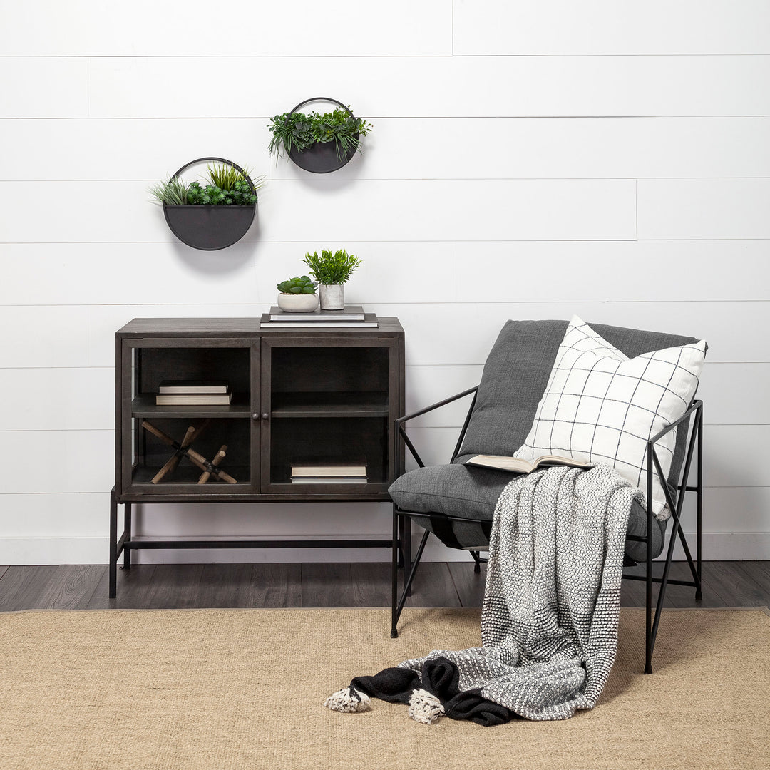 Arelius 36L x 18W Black-Brown Wood, Black Metal Base w/ 2 Glass Doors Accent Cabinet Decor Mercana