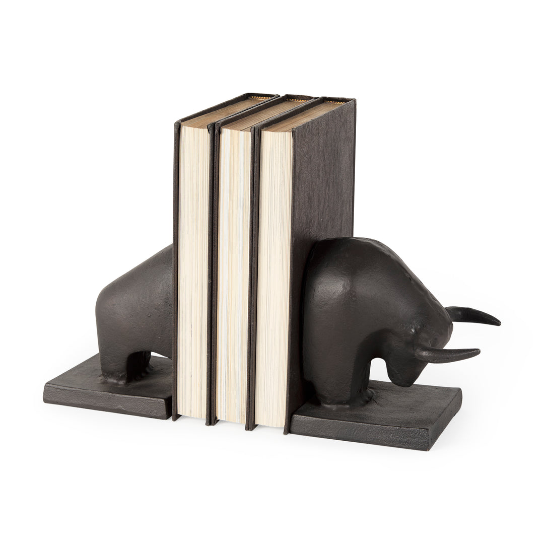 Tauro III (Set of 2) 10L x 5W Black Cast Aluminum Raging Bull Bookends Decor Mercana