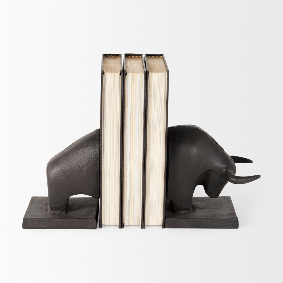 Tauro III (Set of 2) 10L x 5W Black Cast Aluminum Raging Bull Bookends Decor Mercana