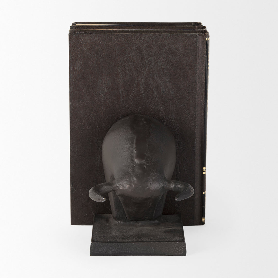 Tauro III (Set of 2) 10L x 5W Black Cast Aluminum Raging Bull Bookends Decor Mercana