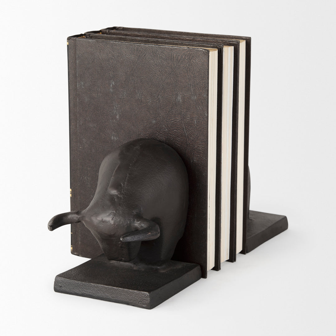 Tauro III (Set of 2) 10L x 5W Black Cast Aluminum Raging Bull Bookends Decor Mercana