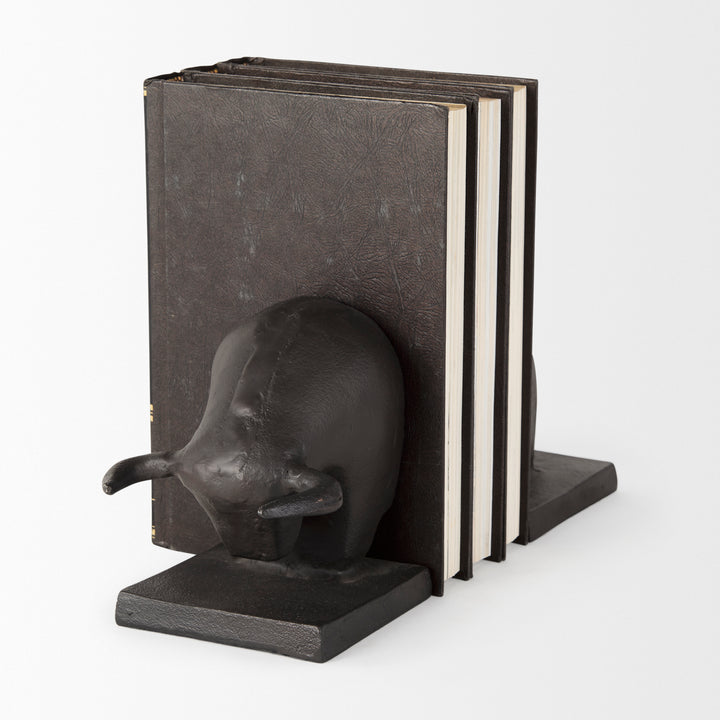 Tauro III (Set of 2) 10L x 5W Black Cast Aluminum Raging Bull Bookends Decor Mercana