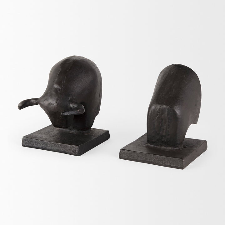 Tauro III (Set of 2) 10L x 5W Black Cast Aluminum Raging Bull Bookends Decor Mercana