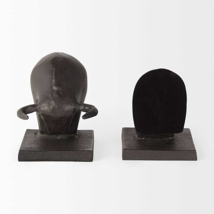 Tauro III (Set of 2) 10L x 5W Black Cast Aluminum Raging Bull Bookends Decor Mercana