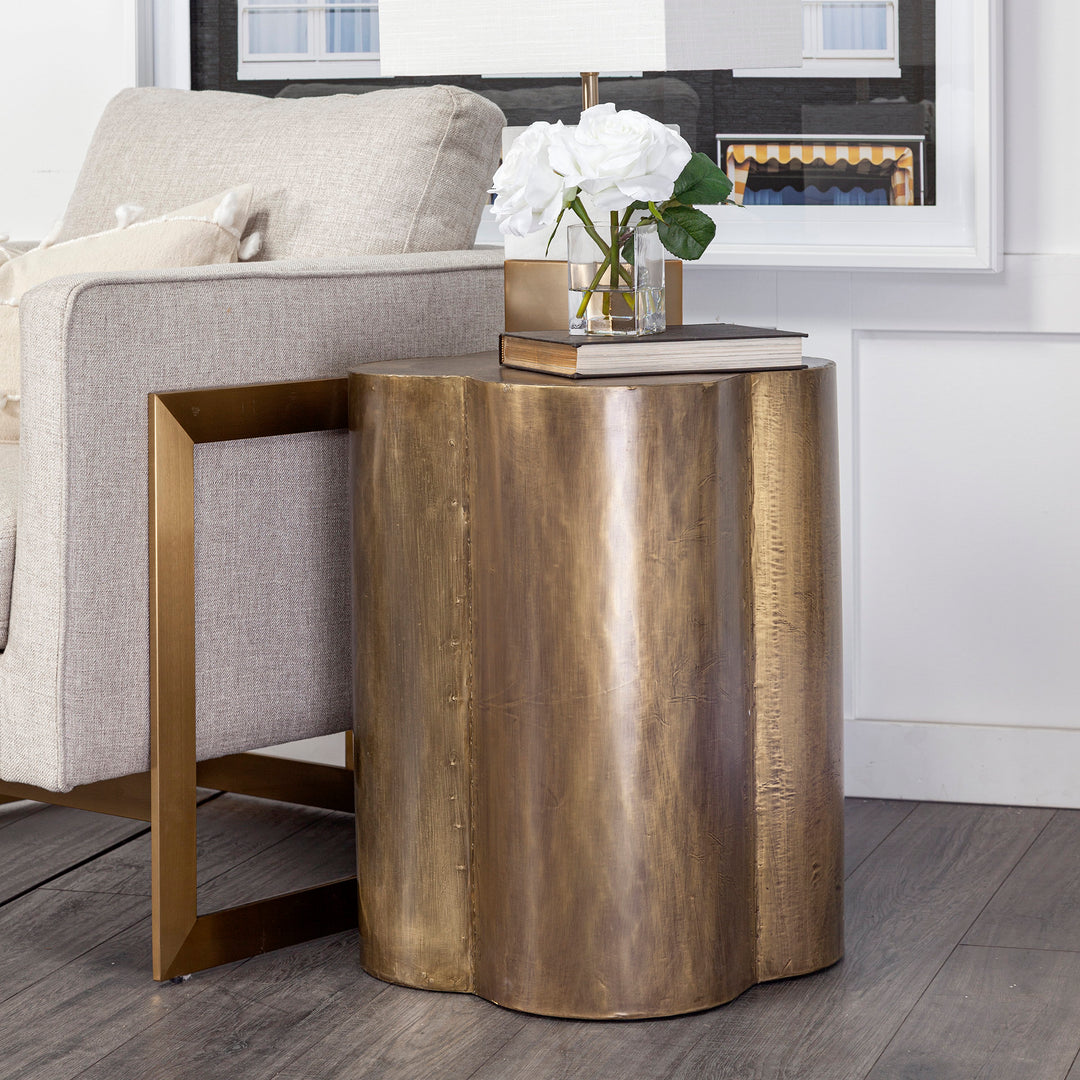 Quatrefoil 18L x 18W Gold Flower W/ Wooden Top Brass Cladding Accent Table Dining Room Mercana