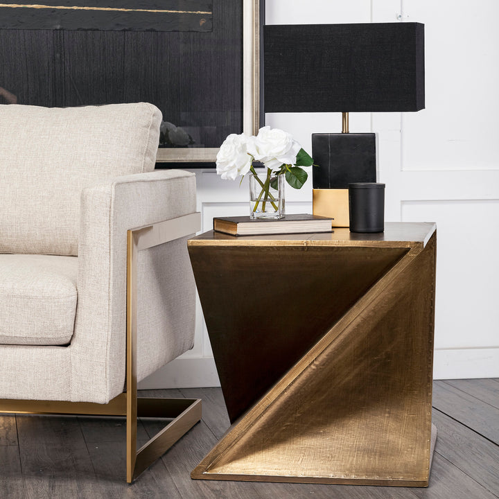 Zelda 20L x 20W Gold Metal-Cladded Z-Shaped Wooden Accent Table Dining Room Mercana