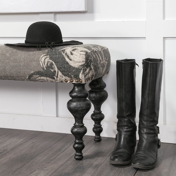 Alhambra 55L x 14W Upholstered Gray Seat W/Black Wood Legs Accent Bench Living Room Mercana