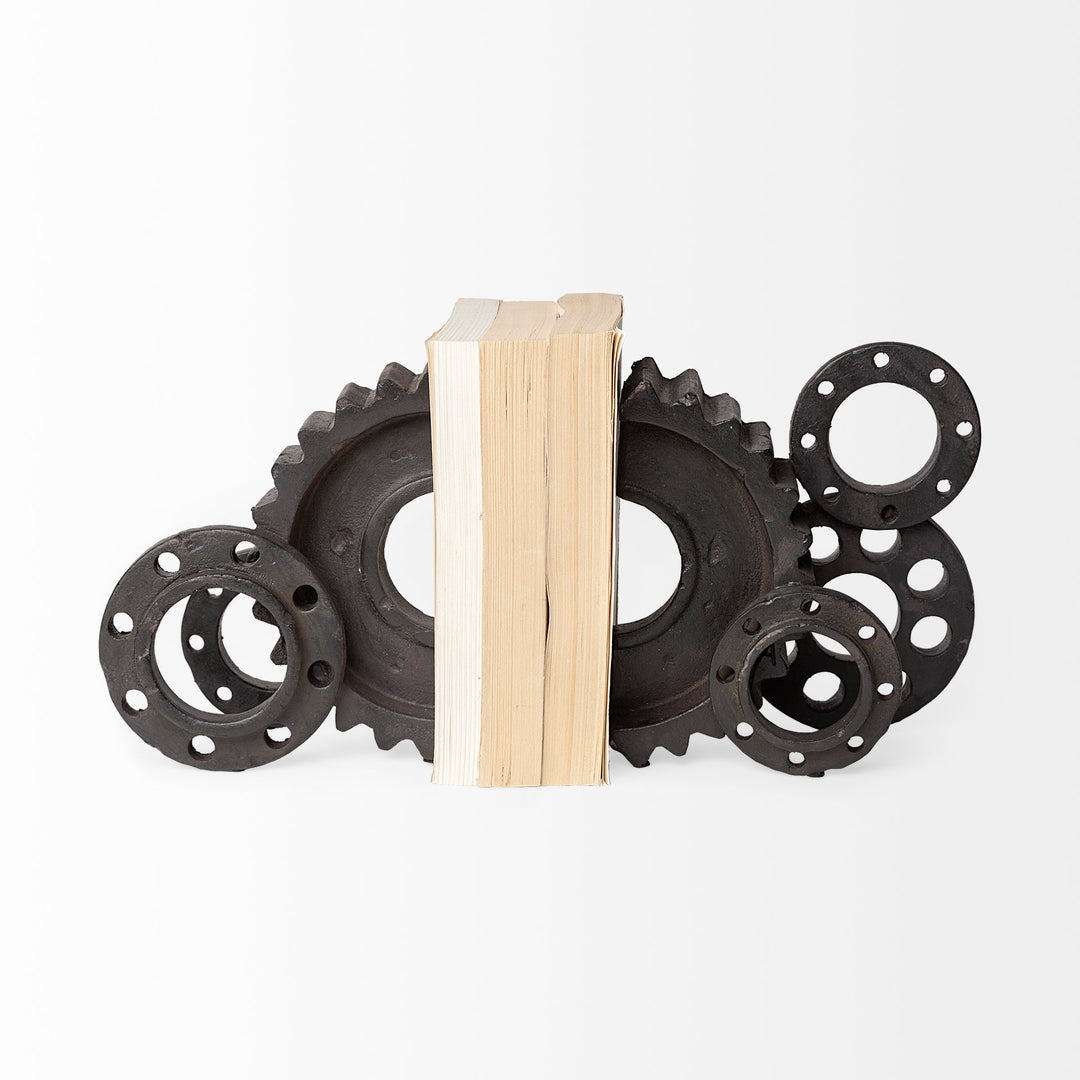 Cogsworth Set of 2 14L x 4W Brown Resin Industrial Gear Bookends Decor Mercana