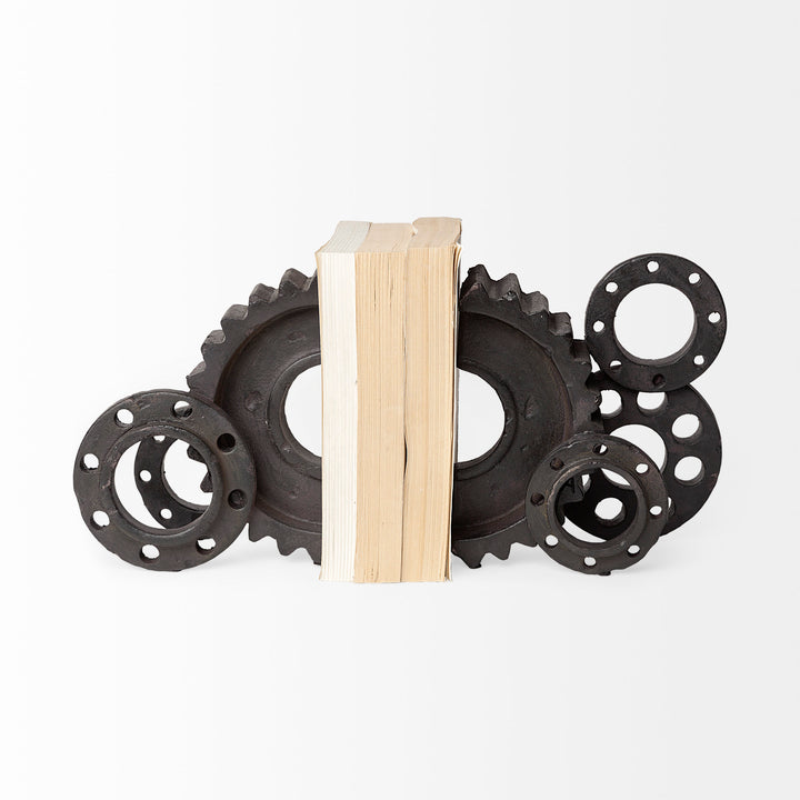 Cogsworth Set of 2 14L x 4W Brown Resin Industrial Gear Bookends Decor Mercana