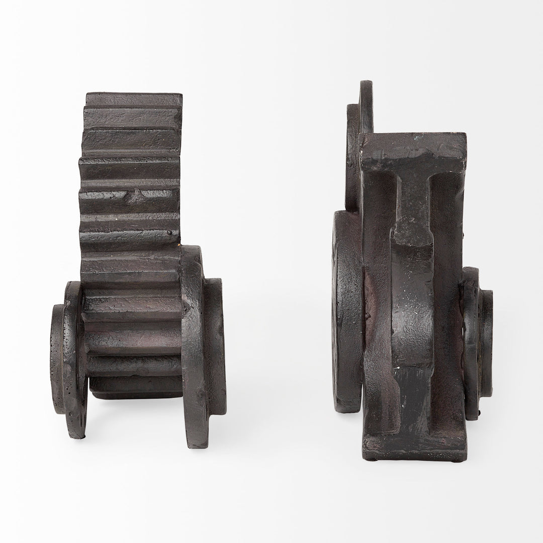 Cogsworth Set of 2 14L x 4W Brown Resin Industrial Gear Bookends Decor Mercana