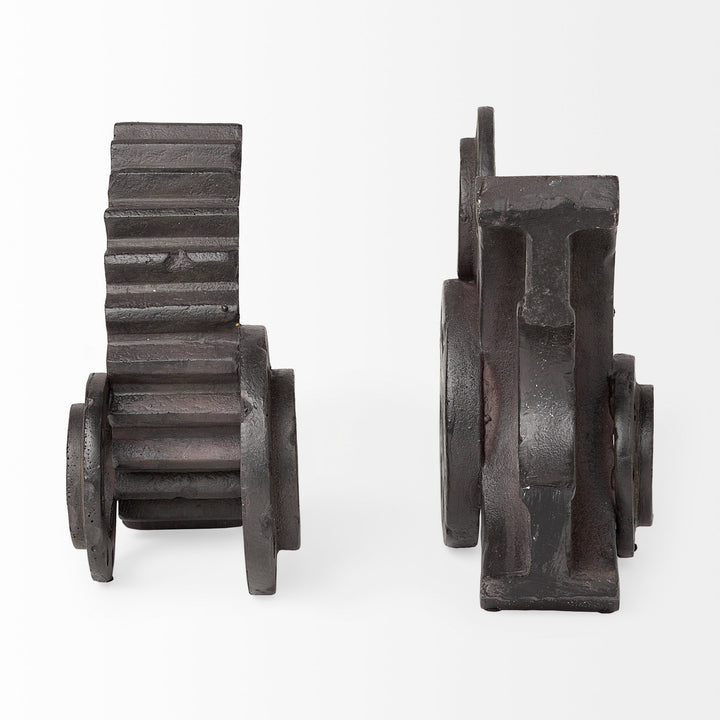 Cogsworth Set of 2 14L x 4W Brown Resin Industrial Gear Bookends Decor Mercana