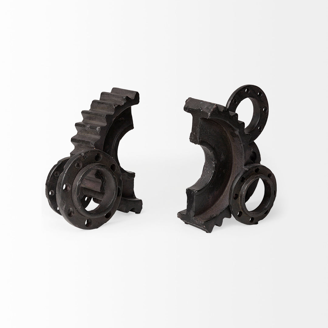 Cogsworth Set of 2 14L x 4W Brown Resin Industrial Gear Bookends Decor Mercana