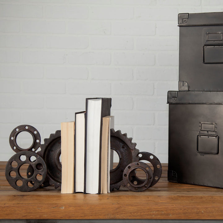 Cogsworth Set of 2 14L x 4W Brown Resin Industrial Gear Bookends Decor Mercana