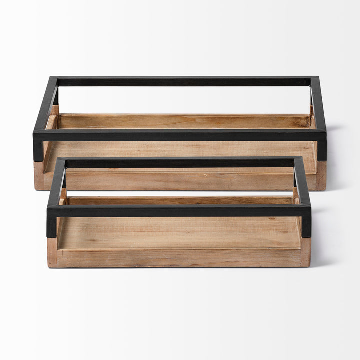 Ross Set of 2 Natural Wood W/ Black Metal Nesting Trays Decor Mercana