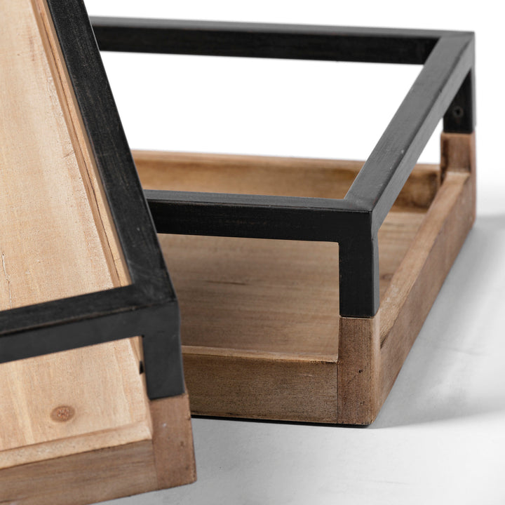 Ross Set of 2 Natural Wood W/ Black Metal Nesting Trays Decor Mercana