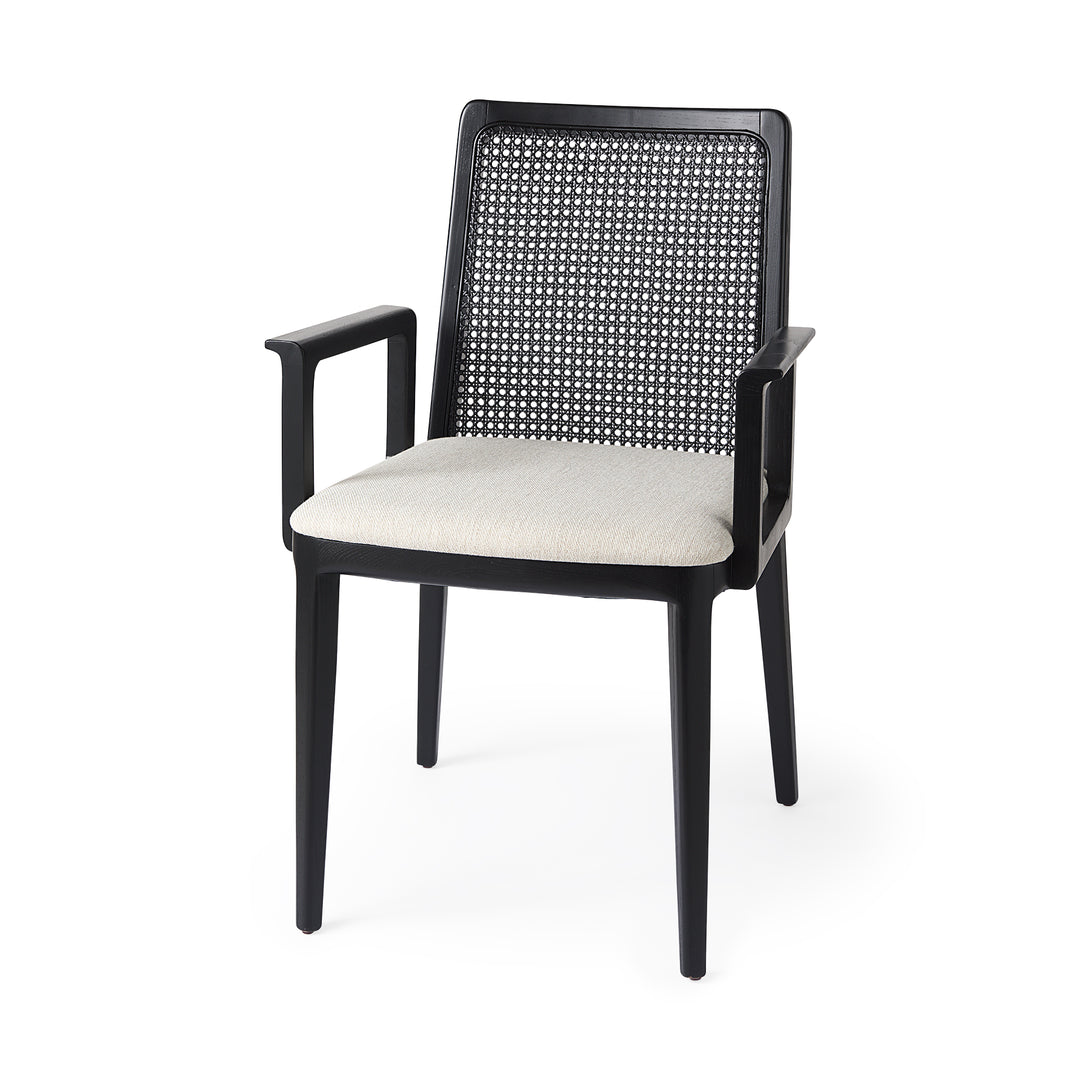 Clara Black Wood W/ Cream Fabric Seat and Cane Back Dining Chair Living Room Mercana