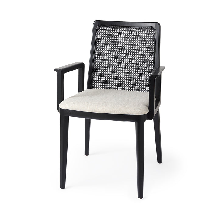 Clara Black Wood W/ Cream Fabric Seat and Cane Back Dining Chair Living Room Mercana