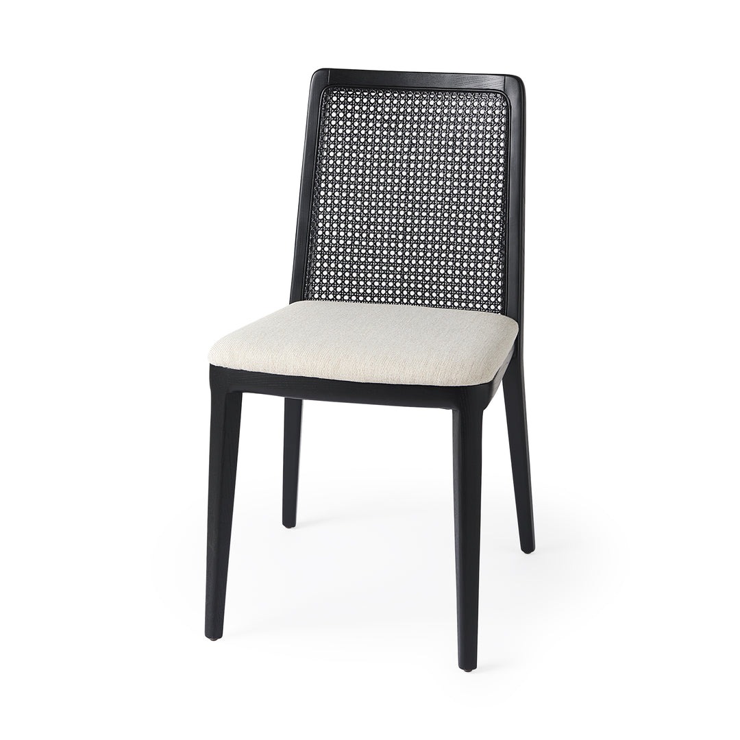 Clara Black Wood W/ Cream Fabric Seat and Cane Back Armless Dining Chair Living Room Mercana