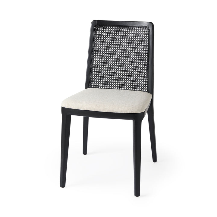 Clara Black Wood W/ Cream Fabric Seat and Cane Back Armless Dining Chair Living Room Mercana
