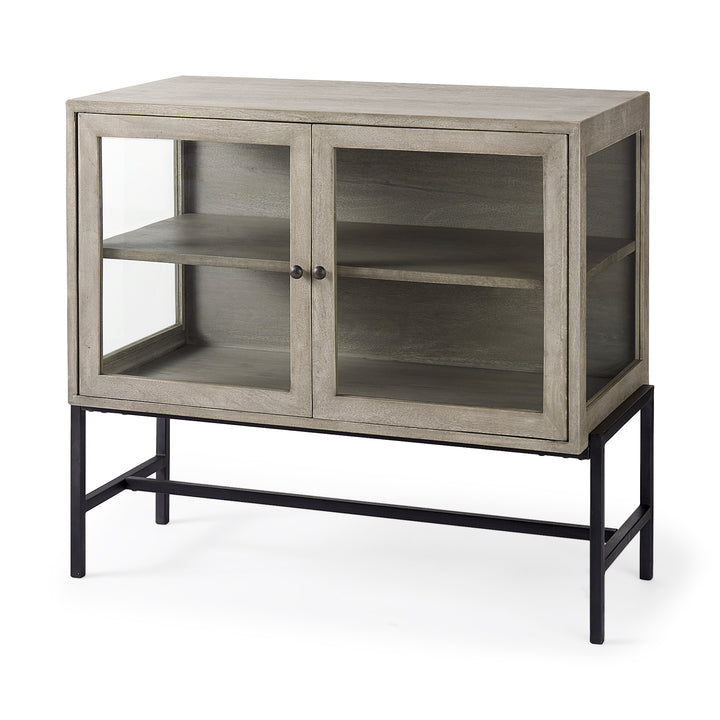 Arelius Gray Wood, Black Metal Base w/ 2 Glass Doors Accent Cabinet Decor Mercana