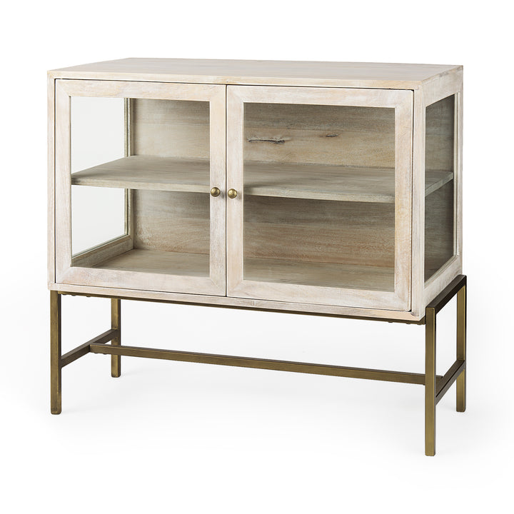 Arelius White Wood, Gold Metal Base w/ 2 Glass Doors Accent Cabinet Decor Mercana