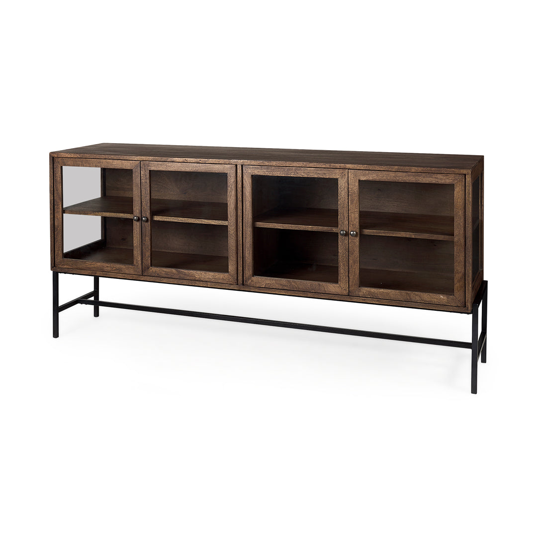 Arelius Medium Brown, Black Metal Base w/ 4 Glass Door Cabinets Sideboard Dining Room Mercana