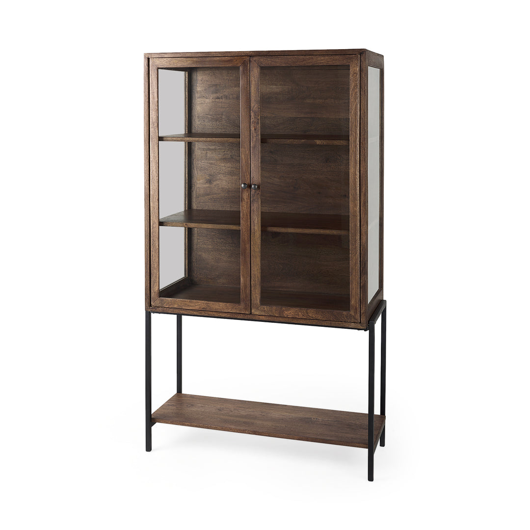 Arelius Medium Brown Wood W/ Black Metal Base Display Cabinet Living Room Mercana