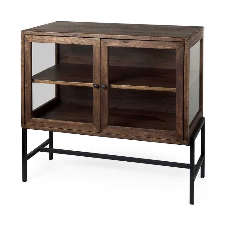 Arelius Medium Brown Wood, Black Metal Base w/ 2 Glass Doors Accent Cabinet Decor Mercana