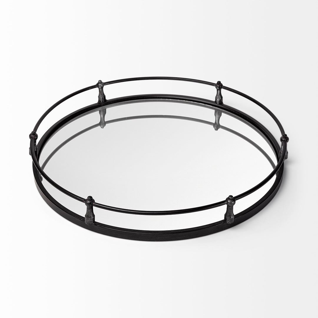 Kimbel 24L x 24W Black Metal Mirrored Base Round Tray Decor Mercana