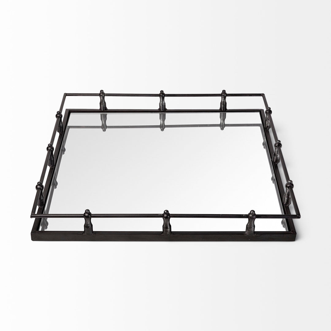 Christa 22L x 22W Black Metal Mirrored Base Square Tray Decor Mercana