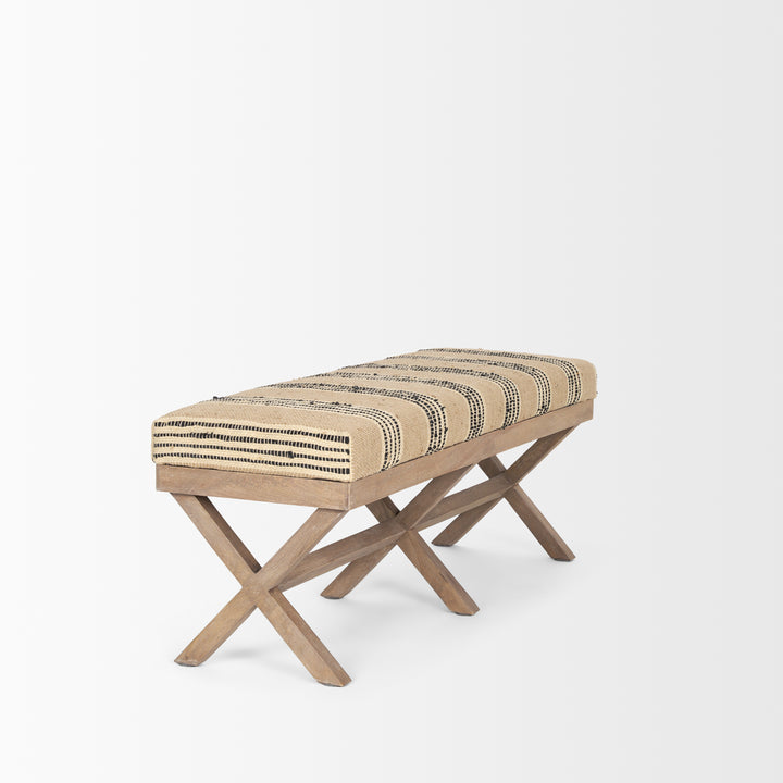Solis 50L x 16W Brown Base Upholstered Beige/Black Stripe Seat Accent Bench Living Room Mercana