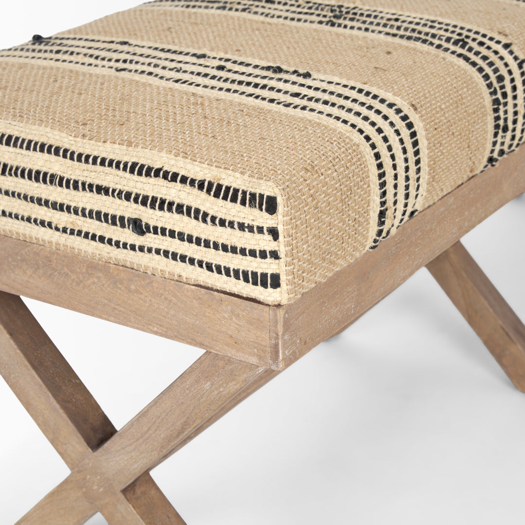 Solis 50L x 16W Brown Base Upholstered Beige/Black Stripe Seat Accent Bench Living Room Mercana