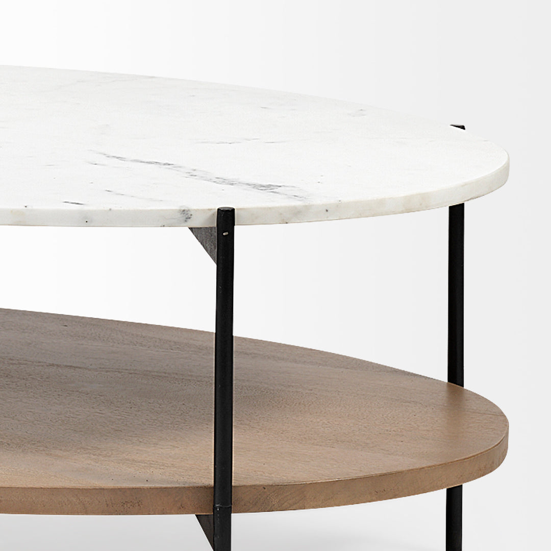 Larkin 48" Oval White Marble Top and Solid Wood Shelf w/ Black Metal Frame Coffee Table Dining Room Mercana