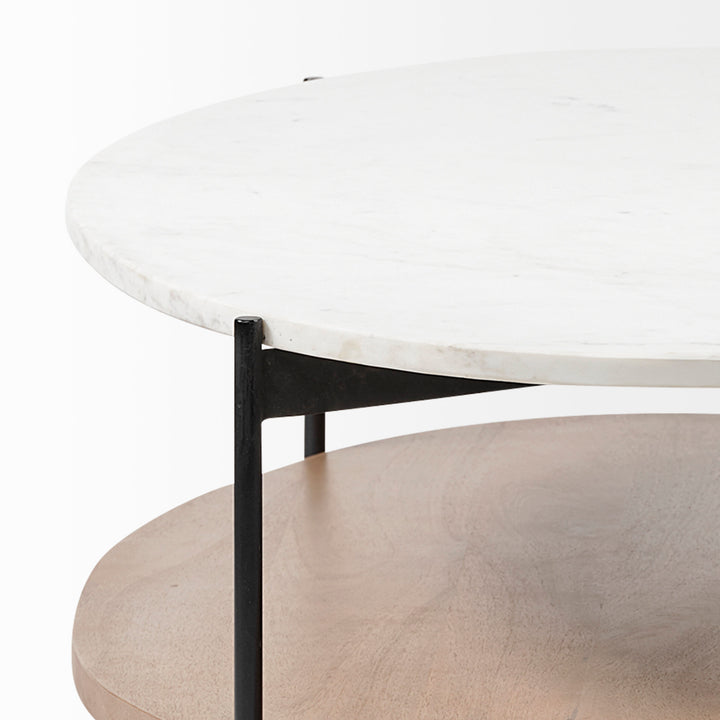 Larkin 48" Oval White Marble Top and Solid Wood Shelf w/ Black Metal Frame Coffee Table Dining Room Mercana