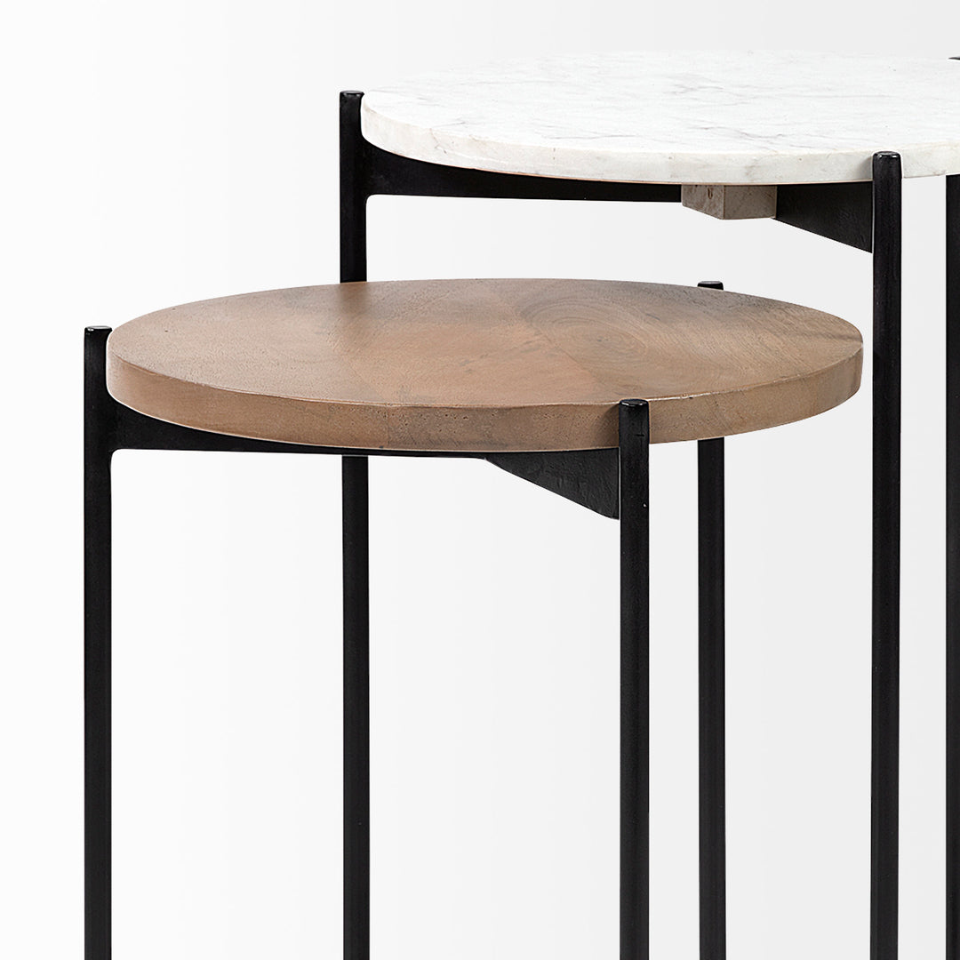 Larkin II Marble and Medium Brown Wood Round Tabletop Nesting End/Side Tables Living Room Mercana