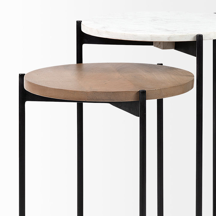 Larkin II Marble and Medium Brown Wood Round Tabletop Nesting End/Side Tables Living Room Mercana