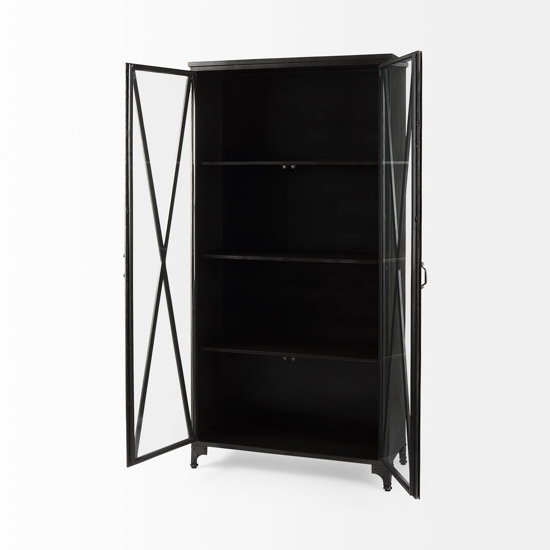 Poppy II 73.8" H Black Metal With Glass Door Display Cabinet Living Room Mercana