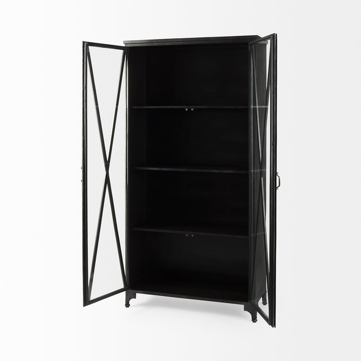 Poppy II 73.8" H Black Metal With Glass Door Display Cabinet Living Room Mercana